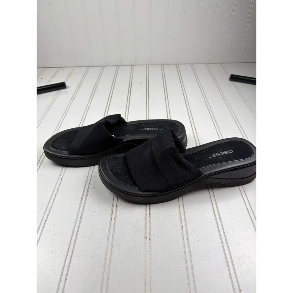 Cherokee Black Chunky Platform Comfort Slides Wedges Women's Size 9